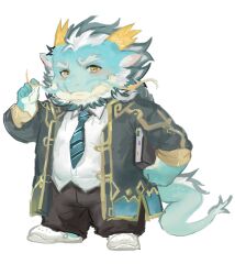 Rule 34 | 1boy, animal ear fluff, aqua hair, aqua skin, bara, beard, black pants, book, chibi, coat, crocs, dragon boy, dragon horns, dragon tail, facial hair, full beard, full body, furry, furry male, highres, holding, holding book, horns, huge eyebrows, long mustache, looking at viewer, male focus, mature male, multicolored hair, necktie, open clothes, open coat, pants, qinglong (housamo), shirt, simple background, sketch, solo, striped necktie, tail, tokyo houkago summoners, twirling mustache, two-tone beard, two-tone hair, white background, white hair, white shirt, yan (popcornduck2), yellow eyes