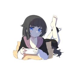 Rule 34 | 1girl, absurdres, barefoot, black hair, black hoodie, black skirt, blue eyes, closed mouth, collarbone, full body, handheld game console, highres, holding, hood, hood down, hoodie, layered sleeves, legs up, long hair, long sleeves, looking at viewer, lying, on stomach, original, pillow, redrawn, shirasu youichi, short over long sleeves, short sleeves, simple background, skirt, sleeves past wrists, soles, solo, very long hair, white background