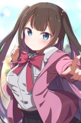 Rule 34 | 1girl, absurdres, black skirt, blue eyes, blurry, blurry background, blush, bow, breasts, brown hair, closed mouth, collared shirt, commentary request, depth of field, dress shirt, grey shirt, highres, jacket, kaga nazuna, long hair, long sleeves, lupinus virtual games, medium breasts, multicolored hair, okota mikan, open clothes, open jacket, pink hair, pink jacket, pleated skirt, puffy long sleeves, puffy sleeves, red bow, shirt, skirt, smile, solo, two-tone hair, two side up, very long hair, virtual youtuber, vspo!