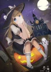 Rule 34 | 1girl, apron, blonde hair, blue eyes, broom, castle, cha jun, head rest, dated, dutch angle, full moon, ghost, grave, halloween, hat, highres, jack-o&#039;-lantern, kirisame marisa, knees together feet apart, mary janes, moon, night, night sky, shoes, shooting star, signature, sitting, sky, smile, socks, solo, star-shaped pupils, star (symbol), symbol-shaped pupils, touhou, waist apron, witch hat