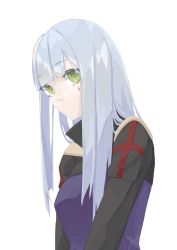 Rule 34 | 1girl, absurdres, blue hair, closed mouth, facial tattoo, girls&#039; frontline, green eyes, highres, hk416 (girls&#039; frontline), jacket, long hair, looking at viewer, multicolored clothes, multicolored jacket, profile, solo, tattoo, uniform, white background, yueyue no hand