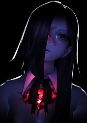 Rule 34 | 1other, ambiguous gender, backlighting, black background, black hair, closed mouth, glowing, hair over one eye, long hair, mi8pq, original, portrait, red eyes, scar, scar on face, simple background, solo, upper body