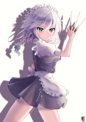 Rule 34 | 1girl, absurdres, aqua eyes, clip studio paint (medium), closed mouth, commentary, ellen drawing, grey hair, highres, holding, holding knife, izayoi sakuya, knife, looking at viewer, maid, maid headdress, medium hair, short sleeves, signature, simple background, solo, touhou, white background