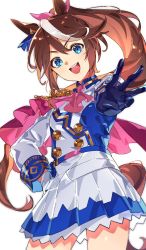 Rule 34 | 1girl, animal ears, ascot, asymmetrical gloves, belt, blue eyes, blue gloves, breasts, brown hair, cape, collared jacket, cowboy shot, epaulettes, gloves, hand on own hip, horse ears, horse girl, horse tail, jacket, kotneciii, long hair, long sleeves, mismatched gloves, multicolored hair, open mouth, outstretched arm, petticoat, pink ascot, pleated skirt, reaching, reaching towards viewer, simple background, single epaulette, skirt, small breasts, smile, solo, streaked hair, tail, teeth, tokai teio (umamusume), umamusume, upper teeth only, v-shaped eyebrows, w, white background, white gloves, white skirt