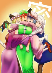 Rule 34 | 5girls, blonde hair, blue hair, braid, breasts, closed eyes, closed mouth, commentary request, crystal, dress, fang, feet out of frame, flandre scarlet, frills, glomp, hat, hat ornament, height difference, highres, hong meiling, hug, hug from behind, huge breasts, izayoi sakuya, jitome, koyubi (littlefinger1988), long hair, long sleeves, multiple girls, open mouth, outline, patchouli knowledge, purple hair, red hair, remilia scarlet, shirt, short hair, siblings, side braid, silver hair, sisters, smile, standing, star (symbol), star hat ornament, touhou, white outline, wings