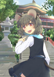 Rule 34 | 1girl, :d, animal ears, black skirt, black vest, blue sky, blush, brown eyes, cloud, commentary request, cowboy shot, day, grey hair, highres, long sleeves, looking at viewer, looking back, mouse ears, mouse girl, mouse tail, nayozane (worker7), nazrin, open mouth, outdoors, pointing, shirt, short hair, shrine, skirt, sky, smile, solo, stone lantern, tail, teeth, touhou, tree, upper teeth only, vest, white shirt