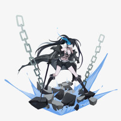 Rule 34 | 1girl, absurdres, bikini, bikini top only, black hair, black jacket, black rock shooter, black rock shooter (character), black shorts, black socks, blue eyes, chain, flaming eye, grey background, highres, holding, holding sword, holding weapon, jacket, long hair, long sleeves, midriff, pale skin, shi yao, shorts, socks, swimsuit, sword, twintails, uneven twintails, weapon