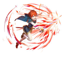 Rule 34 | 1boy, aged down, azu-taro, blue eyes, brown footwear, capelet, eliwood (fire emblem), fire emblem, fire emblem: the blazing blade, fire emblem heroes, holding, holding sword, holding weapon, male focus, neck ribbon, nintendo, official alternate costume, official art, open mouth, red capelet, red hair, red ribbon, ribbon, sheath, solo, sword, upper body, v-shaped eyebrows, weapon