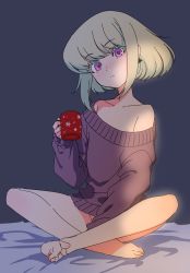 Rule 34 | 1boy, androgynous, bed, blonde hair, burrrntlemon, chinese commentary, commentary request, contrapposto, cup, dress, earrings, green hair, highres, jewelry, lio fotia, looking at viewer, male focus, naked sweater, promare, purple eyes, short hair, solo, sweater, sweater dress, trap