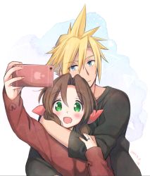 Rule 34 | 1boy, 1girl, :d, aerith gainsborough, alternate costume, black shirt, blonde hair, blue eyes, blush, brown hair, brown shirt, casual, cellphone, cloud strife, couple, dated, final fantasy, final fantasy vii, green eyes, hair between eyes, hair ribbon, holding, holding phone, hug, hug from behind, krudears, long sleeves, moogle, nail polish, open mouth, parted bangs, phone, pink nails, pink ribbon, ribbon, selfie, shirt, short hair, sidelocks, smile, spiked hair, taking picture, upper body, watercolor background