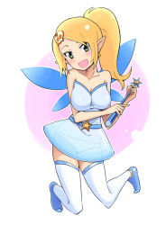 Rule 34 | 10s, 1girl, blonde hair, blush, bowieknife, breasts, cleavage, dress, fairy, fairy wings, female focus, full body, gdgd fairies, gradient background, green eyes, hair ornament, kneeling, large breasts, looking at viewer, open mouth, panties, ponytail, see-through, shirushiru, skull, skull hair ornament, smile, solo, stick, thighhighs, underwear, wand, white background, white thighhighs, wings, zettai ryouiki