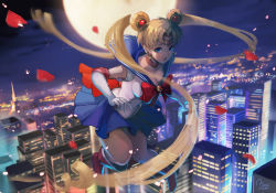 Rule 34 | 1girl, bishoujo senshi sailor moon, blonde hair, blue eyes, blue sailor collar, blue skirt, boots, bow, brooch, choker, circlet, cityscape, crescent, crescent earrings, double bun, earrings, elbow gloves, flying, full moon, gloves, hair ornament, hairpin, jewelry, knee boots, long hair, looking at viewer, magical girl, moon, muraicchi (momocchi), night, petals, pleated skirt, red bow, red choker, red footwear, rose petals, sailor collar, sailor moon, skirt, solo, tsukino usagi, twintails, white gloves