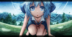 Rule 34 | 1girl, :o, all fours, blue eyes, blue hair, bow, cirno, forest, hair bow, letterboxed, looking at viewer, matching hair/eyes, nature, neck ribbon, ribbon, same 2009, scenery, short hair, solo, squatting, touhou, wings