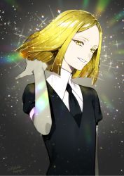 Rule 34 | 1other, androgynous, blonde hair, commentary request, crystal hair, elbow gloves, gem uniform (houseki no kuni), gloves, highres, houseki no kuni, kurono yuu, looking at viewer, necktie, short hair, short sleeves, smile, sparkle, yellow diamond (houseki no kuni), yellow eyes