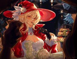 Rule 34 | 1girl, 3girls, absurdres, alice (genshin impact), artist name, black gloves, blonde hair, blush, breasts, cake, cleavage, cup, dress, food, genshin impact, gloves, hat, hat feather, hat ornament, highres, holding, holding cup, holding spoon, izyumn, licking, looking at viewer, medium breasts, multiple girls, pointy ears, red dress, red headwear, sitting, solo focus, spoon, teacup, teapot, tongue, tongue out, witch hat