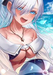 Rule 34 | 1girl, :d, absurdres, anastasia (fate), anastasia (swimsuit archer) (fate), anastasia (swimsuit archer) (third ascension) (fate), ball, bare shoulders, beachball, bikini, blue bikini, blue eyes, blue ribbon, blue sky, collarbone, commentary request, fate/grand order, fate (series), hair ribbon, highres, jewelry, long hair, looking at viewer, necklace, open mouth, ribbon, sanbon hijiki, sky, smile, solo, star (symbol), star necklace, sweat, swimsuit, white hair