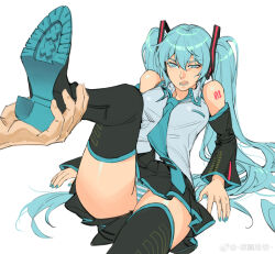 Rule 34 | 1girl, 1other, :o, absurdres, aqua eyes, aqua hair, aqua nails, aqua necktie, aqua panties, arm support, bare shoulders, black footwear, black skirt, black sleeves, blush, boots, breasts, collared shirt, cowboy shot, detached sleeves, hair between eyes, hair ornament, hatsune miku, high heels, highres, holding another&#039;s foot, leg up, long hair, long sleeves, looking at viewer, medium breasts, miniskirt, necktie, on ground, open mouth, panties, pantyshot, pov, pov hands, ruukii drift, shirt, shoe soles, shoulder tattoo, sitting, skirt, sleeveless, sleeveless shirt, solo focus, striped clothes, striped panties, sweat, tattoo, thigh boots, twintails, underwear, v-shaped eyebrows, very long hair, vocaloid, weibo logo, weibo watermark, white panties, white shirt