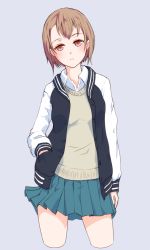 Rule 34 | 1girl, blue background, blush, brown hair, brown vest, closed mouth, collared shirt, commentary request, contrapposto, cowboy shot, cropped legs, half-closed eyes, hand in pocket, hi iro, jacket, looking at viewer, open clothes, open jacket, original, pleated skirt, red eyes, shirt, short hair, simple background, skirt, solo, standing, vest, white shirt, wing collar