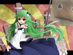 Rule 34 | 1girl, arano oki, blush, breasts, detached sleeves, female focus, flag, frog hair ornament, green eyes, green hair, hair ornament, hair tubes, kochiya sanae, large breasts, long hair, matching hair/eyes, microphone, onbashira, open mouth, parody, skirt, smile, snake, solo, this is the happiness and peace of mind committee (vocaloid), touhou, vocaloid