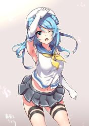Rule 34 | 1girl, artist name, bad id, bad twitter id, blue eyes, blue hair, blue sailor collar, commentary request, double bun, elbow gloves, gloves, gradient background, grey skirt, hair bun, hat, kantai collection, looking at viewer, neckerchief, one-hour drawing challenge, one eye closed, open mouth, pleated skirt, sailor collar, sailor hat, school uniform, serafuku, shungikuten, skirt, sleeves rolled up, solo, urakaze (kancolle), white gloves, white hat, yellow neckerchief