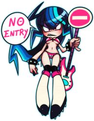 Rule 34 | 1girl, ahoge, angry, bikini, blue hair, blush, boomina the maidroid, boots, bracelet, breasts, character request, electric guitar, english text, eyeshadow, full body, guitar, instrument, jewelry, knee boots, makeup, medium breasts, multicolored hair, navel, no entry sign, nyxon, pink bikini, pinky out, plectrum, red eyes, road sign, sharp teeth, side-tie bikini bottom, sidelocks, sign, solo, speech bubble, spiked bracelet, spikes, standing, streaked hair, swimsuit, teeth, thighhighs, transparent background, underboob