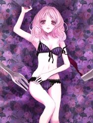 Rule 34 | 10s, 1girl, bare legs, blush, bra, breasts, cherry dot, collarbone, curly hair, diabolik lovers, floral print, flower, fork, highres, knife, komori yui, lingerie, looking at viewer, lying, navel, on back, pale skin, panties, parted lips, petite, pink eyes, pink hair, purple theme, rejet, ribbon, rose, smile, solo, striped bra, striped clothes, striped panties, underwear, underwear only