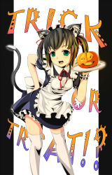 Rule 34 | 1girl, animal ears, apron, bad id, bad pixiv id, brown hair, cat ears, cat tail, fang, green eyes, halloween, hand on own hip, highres, hip focus, jack-o&#039;-lantern, leaning, maid, maid apron, original, pumpkin, solo, tail, thighhighs, trick or treat, twintails, u jie, zettai ryouiki