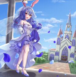 Rule 34 | 1girl, :d, animal ears, bare shoulders, blue flower, blue footwear, blue gloves, blue hair, blue skirt, blue sky, blush, bouquet, breasts, bridal gauntlets, bridal veil, bride, church, cleavage, cloud, commentary request, commission, dress, flower, full body, gloves, high heels, highres, holding, holding bouquet, long hair, looking at viewer, low twintails, medium breasts, mizunisabano, open mouth, outdoors, petals, rabbit ears, rabbit girl, red eyes, seiran (touhou), skirt, sky, smile, solo, touhou, twintails, variant set, veil, wedding dress