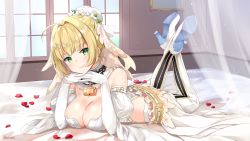 Rule 34 | 10s, 1girl, ahoge, bed, blonde hair, blush, boots, breasts, chain, cleavage, closed mouth, collar, commentary request, curtains, detached collar, detached sleeves, elbow gloves, fate/extra, fate/extra ccc, fate/grand order, fate (series), flower, gloves, green eyes, hair flower, hair intakes, hair ornament, high heel boots, high heels, highres, indoors, interlocked fingers, juliet sleeves, kaetzchen, large breasts, leotard, lock, long sleeves, lying, nero claudius (bride) (fate), nero claudius (bride) (second ascension) (fate), nero claudius (fate), nero claudius (fate) (all), on stomach, padlock, petals, puffy sleeves, signature, smile, solo, strapless, strapless leotard, thigh boots, thighhighs, transparent, veil, white collar, white flower, white footwear, white gloves, white leotard, white thighhighs, window