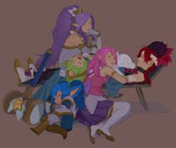 Rule 34 | 5girls, bare shoulders, black pantyhose, blue hair, boots, brown background, elbow gloves, gloves, green hair, grey gloves, hammer, highres, janna (league of legends), jinx (league of legends), knee boots, league of legends, long hair, lower teeth only, lulu (league of legends), lux (league of legends), lying, multiple girls, on back, open mouth, pantyhose, pink hair, pink shirt, pleated skirt, pointy ears, poppy (league of legends), purple skirt, red hair, shirt, shoes, simple background, skirt, sleeping, star guardian (league of legends), star guardian janna, star guardian jinx, star guardian lulu, star guardian lux, star guardian pet, star guardian poppy, suqling, teeth, thigh boots, thighhighs, white thighhighs, yordle