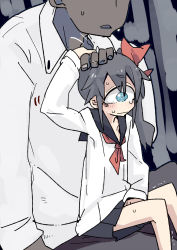 Rule 34 | 1boy, 1girl, :|, black hair, closed mouth, cyclops, hand on head, highres, monster girl, one-eyed, original, headpat, sailor, side ponytail, sitting, sitting on lap, sitting on person, size difference, skirt, sweat, tomatojam, trembling