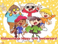 Rule 34 | 2girls, 3boys, anniversary, bald, black hair, blonde hair, cartoon network, child, codename: kids next door, danishi, dark skin, earrings, english text, hat, highres, jewelry, long hair, looking at viewer, multiple boys, multiple girls, numbuh 1, numbuh 2, numbuh 3, numbuh 4, numbuh 5, open mouth, shorts, smile, standing, sunglasses, toon (style)