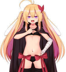 Rule 34 | 1girl, :d, antenna hair, bandaged arm, bandages, black bra, black cape, black panties, black thighhighs, blonde hair, blush, bra, cape, collarbone, cowboy shot, fang, flat chest, gluteal fold, hair between eyes, hair ornament, hand on own hip, hand on own chest, long hair, looking at viewer, mahcdai, navel, open mouth, original, panties, pointy ears, purple eyes, red ribbon, ribbon, sidelocks, simple background, slit pupils, smile, solo, standing, thighhighs, twintails, underwear, underwear only, white background