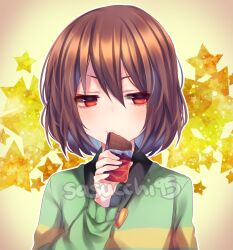 Rule 34 | 1other, artist name, black shirt, blue hair, blush, brown hair, chara (undertale), closed mouth, collared shirt, colored inner hair, eating, food, green sweater, hair between eyes, hand up, heart, heart necklace, holding, holding food, jewelry, long sleeves, looking to the side, multicolored hair, necklace, puffy long sleeves, puffy sleeves, red eyes, sasucchi95, shirt, short hair, single stripe, solo, standing, star (symbol), starry background, striped clothes, striped sweater, sweater, undertale, v-shaped eyebrows, yellow background