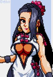 Rule 34 | 1girl, black hair, breasts, earrings, hair over one eye, jewelry, large breasts, long hair, looking at viewer, luong, pixel art, snk, the king of fighters