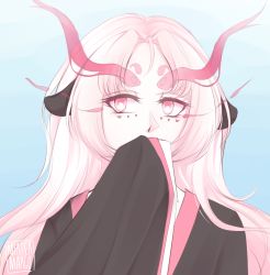 Rule 34 | 1other, animal ears, covering own mouth, dog ears, food fantasy, highres, inugami (food fantasy), japanese clothes, looking to the side, mango-and-tea, oversized clothes, pale skin, pink eyes, pink hair, sleeves past fingers, sleeves past wrists