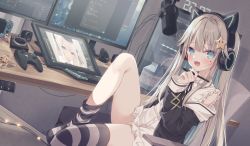 Rule 34 | 1girl, animal ears, aqua eyes, aqua hair, blonde hair, blue eyes, blush, commentary request, controller, cookie, drawing, drawing tablet, dress, fake animal ears, food, game controller, hair ornament, headphones, holding, holding pen, hoshi (snacherubi), indoors, jacket, leg up, long hair, long sleeves, looking at viewer, microphone, mole, mole under eye, monitor, multicolored hair, nintendo switch, off shoulder, original, pen, self-portrait, shindan maker, sitting, solo, speaker, star (symbol), star hair ornament, thighhighs, two-tone hair, white dress