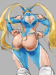 Rule 34 | 1girl, ass, ass focus, bare shoulders, blonde hair, capcom, clothing cutout, from behind, heart cutout, highres, leotard, long hair, nom1207, out of frame, rainbow mika, street fighter, thong, thong leotard, twintails, very long hair, wrestling outfit