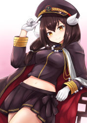 Rule 34 | 1girl, anchor symbol, arm up, azur lane, blush, breasts, brown cape, brown eyes, brown hair, brown hat, brown jacket, brown skirt, cape, closed mouth, commentary request, dutch angle, gloves, gradient background, hair between eyes, hat, highres, index finger raised, jacket, long hair, long sleeves, looking at viewer, medium breasts, midriff, mikasa (azur lane), mikasa (style of the sakura capital) (azur lane), military hat, multicolored cape, multicolored clothes, navel, peaked cap, pink background, pleated skirt, red cape, ryara, skirt, smile, solo, white background, white gloves