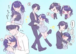 Rule 34 | 1boy, 1girl, animal ears, artist request, bad id, bad pixiv id, black hair, blue background, collage, commentary, flower, formal, fukumaru koito, hair flower, hair ornament, hair ribbon, highres, hug, idolmaster, idolmaster shiny colors, looking at viewer, miniskirt, necktie, petting, pink necktie, pleated skirt, producer (idolmaster), purple eyes, ribbon, school uniform, short hair, skirt, squirrel ears, squirrel tail, suit, symbol-only commentary, tail, translation request, twintails, upper body