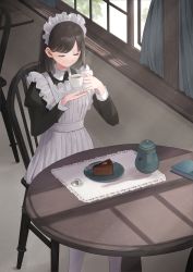 Rule 34 | 1girl, absurdres, apron, bad id, bad pixiv id, black dress, black hair, cake, cake slice, chair, closed eyes, closed mouth, cup, curtains, dress, food, fork, frilled apron, frills, hands up, highres, holding, holding cup, indoors, juliet sleeves, long hair, long sleeves, maid, maid apron, maid headdress, on chair, original, pantyhose, plate, puffy sleeves, shii (kairi-t-k0317), sitting, solo, table, white apron, white pantyhose, window