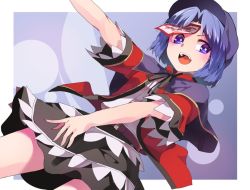 Rule 34 | 1girl, adapted costume, alternate costume, bad id, bad twitter id, belt, blue eyes, blue hair, blush, capelet, dutch angle, fang, hasebe yuusaku, jiangshi, looking to the side, matching hair/eyes, miyako yoshika, ofuda, open mouth, outstretched arms, shirt, short hair, short sleeves, skirt, smile, solo, touhou, zombie pose
