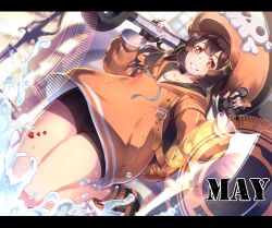 Rule 34 | 1girl, anchor, backpack, bag, bike shorts, black gloves, black shorts, brown hair, character name, clenched teeth, collarbone, commentary request, fingerless gloves, gloves, guilty gear, guilty gear strive, hat, highres, jacket, letterboxed, long hair, long sleeves, looking at viewer, matsumoto tomoyohi, may (guilty gear), orange eyes, orange hat, orange jacket, shorts, skull and crossbones, smile, solo, teeth, thighs