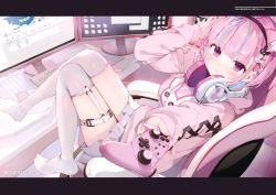 Rule 34 | 1girl, absurdres, blush, breasts, chair, gaming chair, gaou (umaiyo puyoman), highres, hololive, long hair, looking at viewer, medium breasts, minato aqua, multicolored hair, no shoes, purple eyes, scan, shiny skin, simple background, solo, swivel chair, thighhighs, two-tone hair, virtual youtuber, white thighhighs