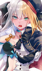Rule 34 | 1girl, black gloves, blonde hair, blue eyes, bow, breasts, capelet, choker, fate/grand order, fate (series), gloves, green eyes, grey hair, hat, heterochromia, highres, long hair, medium breasts, morgan le fay (fate), multicolored hair, reaching, reaching towards viewer, signature, split-color hair, split theme, togashi (choco-bakama kitchen), aesc (fate), torn bow, torn clothes