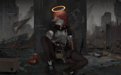 Rule 34 | 1girl, absurdres, arknights, artist name, black footwear, black gloves, black pantyhose, black skirt, boots, box, building, can, cardboard box, coca-cola, commentary, dagger, english commentary, exusiai (arknights), fingerless gloves, gloves, gun, hair over one eye, halo, highres, holding, holding gun, holding weapon, jacket, knee up, knife, kriss vector, looking at viewer, originium (arknights), outdoors, pantyhose, penguin logistics logo, planted, rain, red hair, ruins, scenery, shell casing, short sleeves, sitting, skirt, skyscraper, smoking, solo, spread legs, submachine gun, thigh strap, trigger discipline, weapon, white jacket, xiaoxiao, yellow eyes