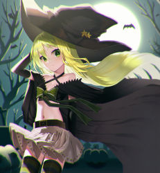 Rule 34 | 1girl, absurdres, alina gray, arm warmers, belt, black cape, black hat, black shirt, black sleeves, blunt ends, breasts, cape, cosplay, costume switch, criss-cross halter, crop top, detached sleeves, gem, green eyes, green hair, hair between eyes, halterneck, hat, highres, long hair, magia record: mahou shoujo madoka magica gaiden, magical girl, mahou shoujo madoka magica, misono karin, multicolored hair, navel, pleated skirt, poa, print skirt, shirt, sidelocks, skirt, small breasts, solo, star (symbol), star print, straight hair, streaked hair, striped clothes, striped thighhighs, thighhighs, very long hair, white skirt, witch hat, yellow gemstone