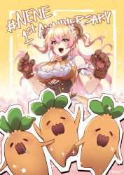 Rule 34 | 1girl, animal ears, anniversary, bear ears, bear paws, blonde hair, blush, breasts, cleavage, flower, gradient hair, green eyes, hair between eyes, hair flower, hair ornament, hands up, highres, hololive, large breasts, long hair, mibry (phrysm), momosuzu nene, multicolored hair, open mouth, pink hair, signature, smile, solo, sparkle, upper body, virtual youtuber, white flower