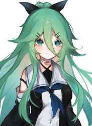 Rule 34 | 1girl, after suko, black bow, blue eyes, blue neckerchief, bow, breasts, choker, closed mouth, detached sleeves, green hair, hair between eyes, hair bow, hair ornament, hairclip, highres, kantai collection, long hair, medium breasts, neckerchief, ponytail, sailor collar, school uniform, serafuku, sidelocks, simple background, solo, white background, white choker, yamakaze (kancolle)