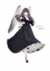 Rule 34 | 1girl, angel, angel wings, black dress, black eyes, black footwear, black hair, dress, earrings, frilled dress, frills, full body, hair intakes, halo, high collar, highres, inairenmi, jewelry, juliet sleeves, long hair, long sleeves, looking at viewer, mary janes, original, puffy sleeves, reaching, reaching towards viewer, shoes, solo, standing, standing on one leg, white background, white wings, wings